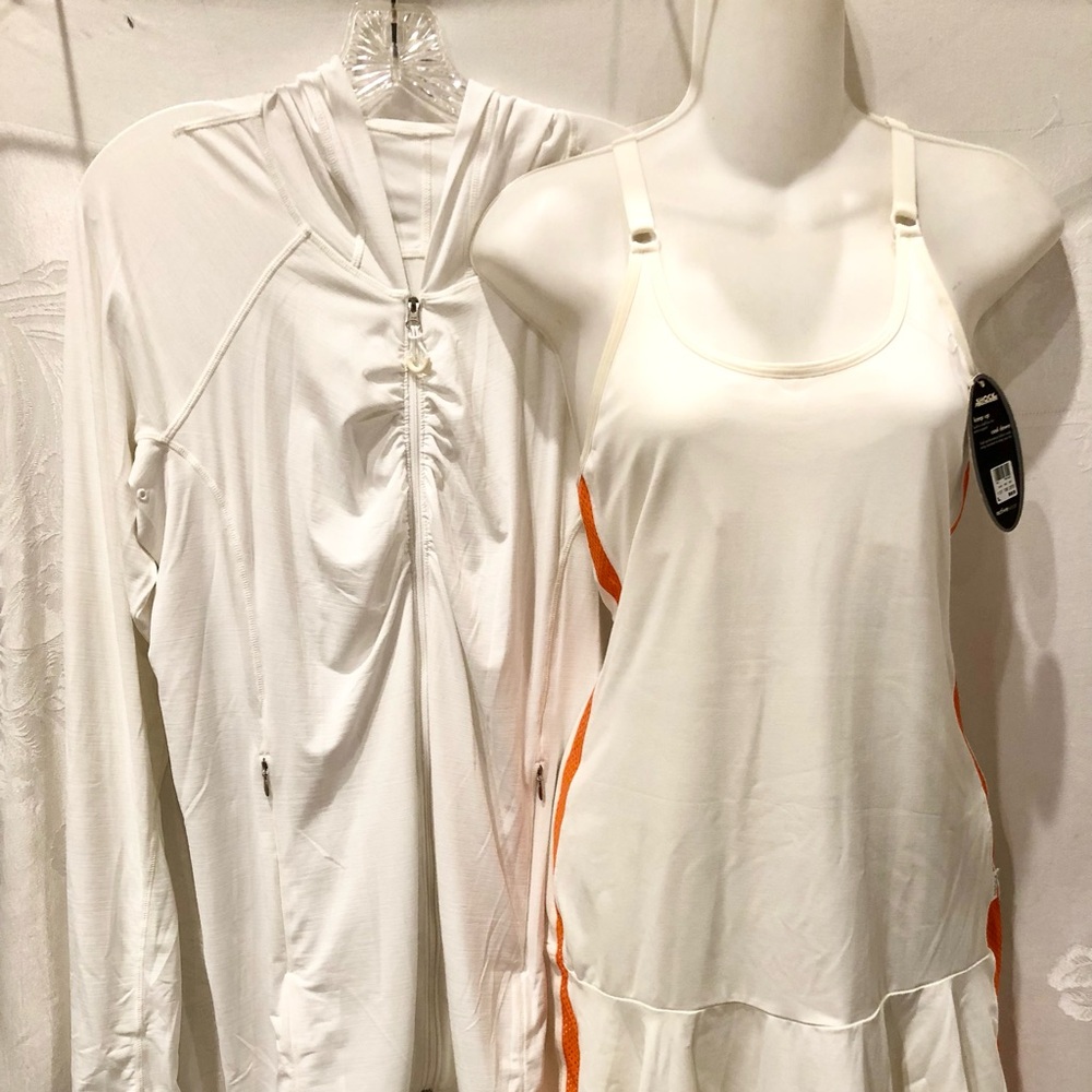 ATHLETA White Lightweight Stretch Hoodie Jacket $99 & New Tennis Dress $65 L